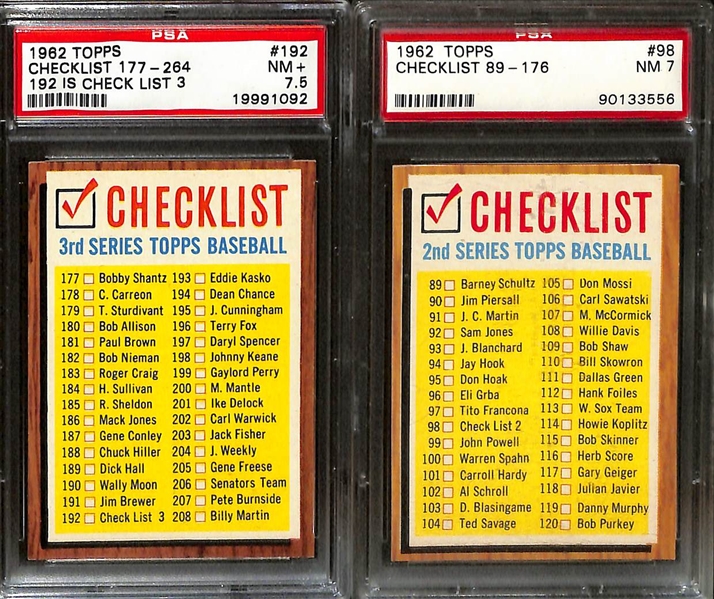 Lot of (10) 1962 Topps Mostly PSA Graded Checklists (Includes Checklists for All Series)