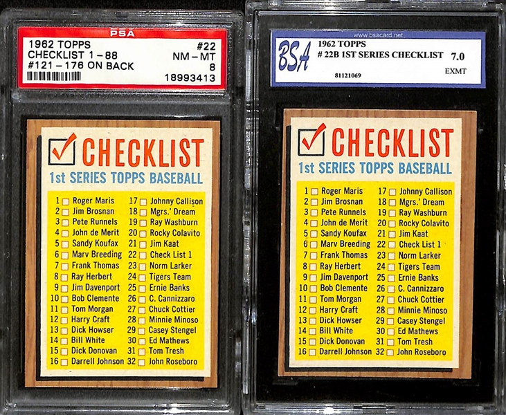 Lot of (10) 1962 Topps Mostly PSA Graded Checklists (Includes Checklists for All Series)