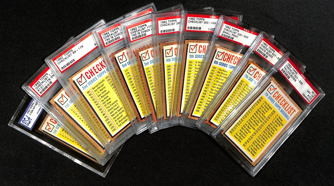 Lot of (10) 1962 Topps Mostly PSA Graded Checklists (Includes Checklists for All Series)
