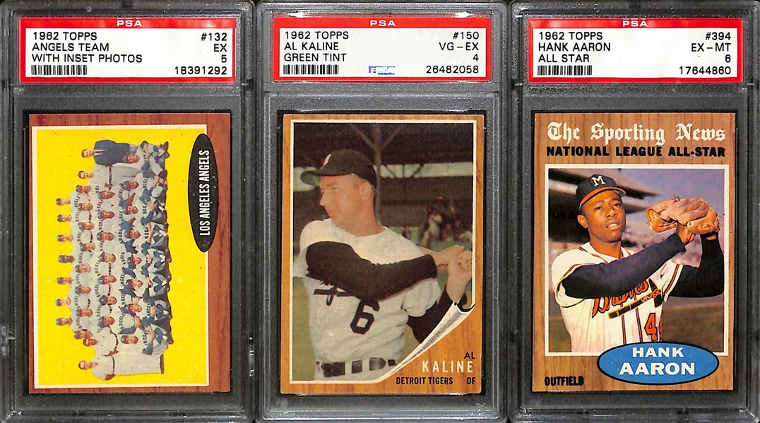 Lot of (9) 1962 Topps PSA Graded Baseball Cards w. Hank Aaron, Bob Gibson, Al Kaline, and Others