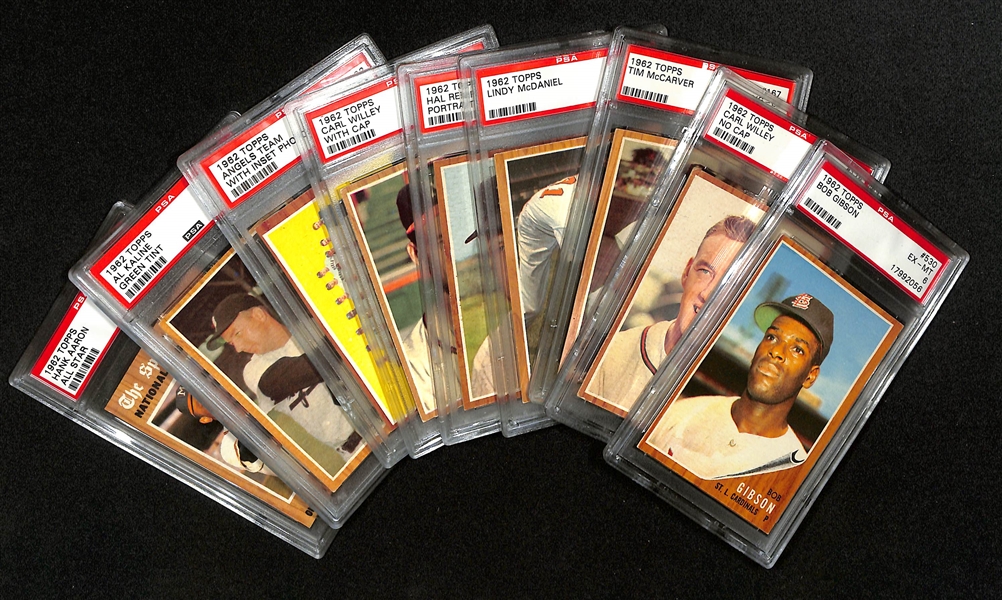 Lot of (9) 1962 Topps PSA Graded Baseball Cards w. Hank Aaron, Bob Gibson, Al Kaline, and Others