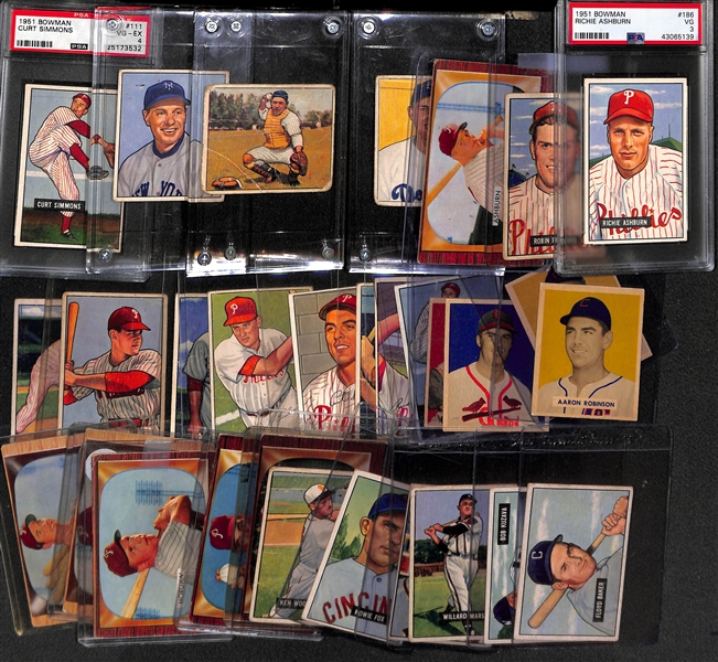 Lot of (30) 1949-1951 and 1953 Bowman Baseball w. 1951 Bowman Ashburn PSA 3, Berra, Hodges, Durocher