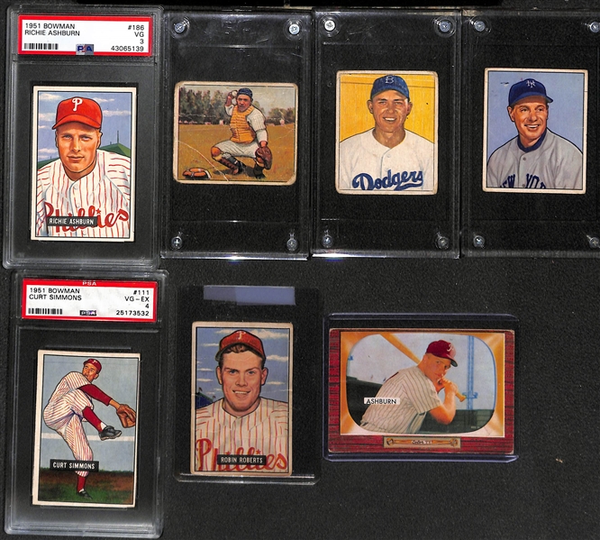 Lot of (30) 1949-1951 and 1953 Bowman Baseball w. 1951 Bowman Ashburn PSA 3, Berra, Hodges, Durocher