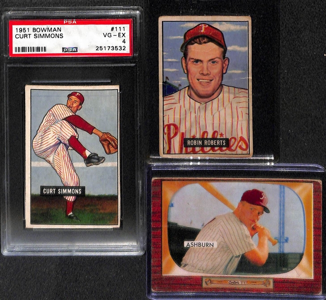 Lot of (30) 1949-1951 and 1953 Bowman Baseball w. 1951 Bowman Ashburn PSA 3, Berra, Hodges, Durocher