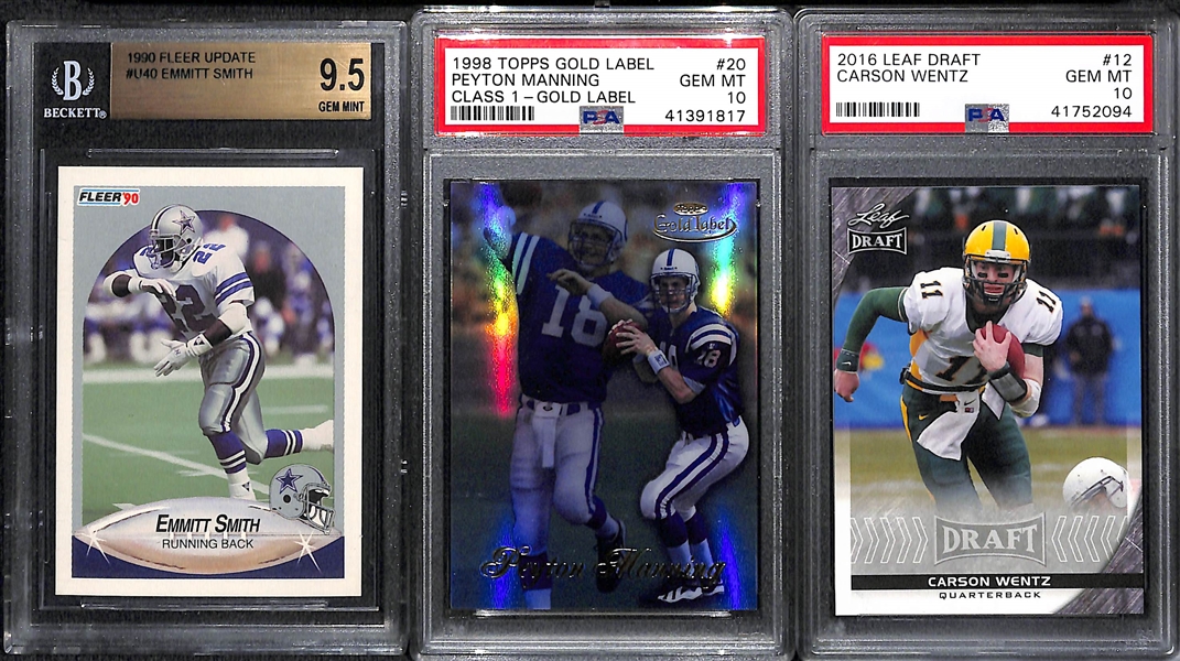 Football Rookie Lot (3) - 1990 Emmitt Smith Fleer Update BGS 9.5, 1998 Gold Label Peyton Manning Class 1 PSA 10, 2016 Leaf Carson Wentz PSA 10