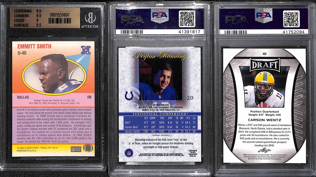 Football Rookie Lot (3) - 1990 Emmitt Smith Fleer Update BGS 9.5, 1998 Gold Label Peyton Manning Class 1 PSA 10, 2016 Leaf Carson Wentz PSA 10