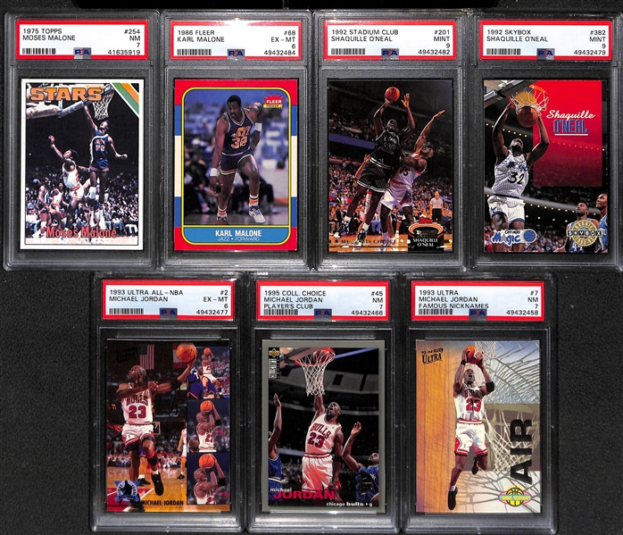 Basketball Graded Lot w. 1975 M. Malone Rookie PSA 7, 1986 Fleer K. Malone Rookie PSA 6, (2) Shaquille O'Neal Rookies (Both PSA 9), and (3) Michael Jordan Cards (PSA 6-7)