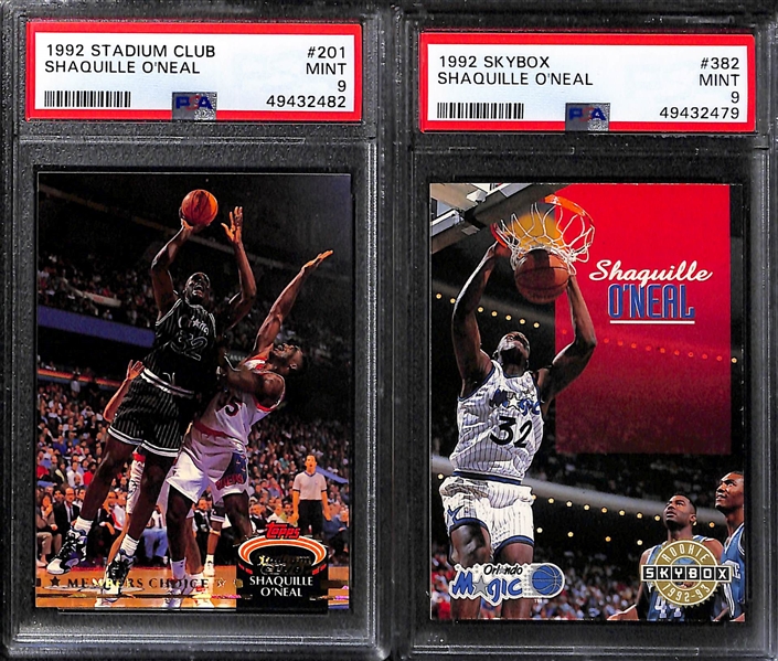 Basketball Graded Lot w. 1975 M. Malone Rookie PSA 7, 1986 Fleer K. Malone Rookie PSA 6, (2) Shaquille O'Neal Rookies (Both PSA 9), and (3) Michael Jordan Cards (PSA 6-7)