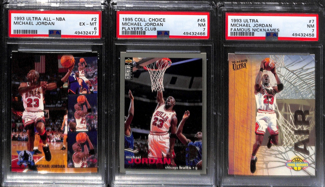 Basketball Graded Lot w. 1975 M. Malone Rookie PSA 7, 1986 Fleer K. Malone Rookie PSA 6, (2) Shaquille O'Neal Rookies (Both PSA 9), and (3) Michael Jordan Cards (PSA 6-7)