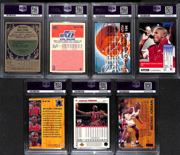 Basketball Graded Lot w. 1975 M. Malone Rookie PSA 7, 1986 Fleer K. Malone Rookie PSA 6, (2) Shaquille O'Neal Rookies (Both PSA 9), and (3) Michael Jordan Cards (PSA 6-7)