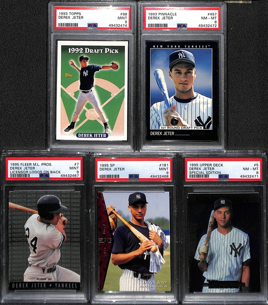 (5) Derek Jeter Early Career Cards - 1993 Topps RC PSA 9, 1992 Pinnacle PSA 8, & (3) 1995 Cards