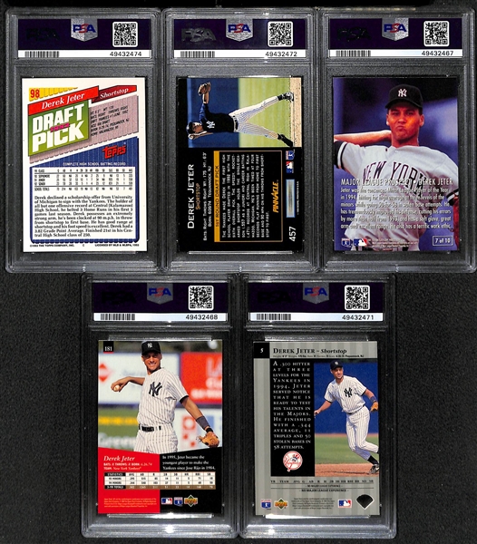 (5) Derek Jeter Early Career Cards - 1993 Topps RC PSA 9, 1992 Pinnacle PSA 8, & (3) 1995 Cards