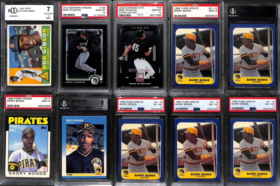 (10) Graded Cards - 1960 Bob Gibson (BCCG 7), (2) Mike Giancarlo Stanton Rookies (Inc. 2010 Bowman Chrome PSA 10), (7) Barry Bonds Rookies