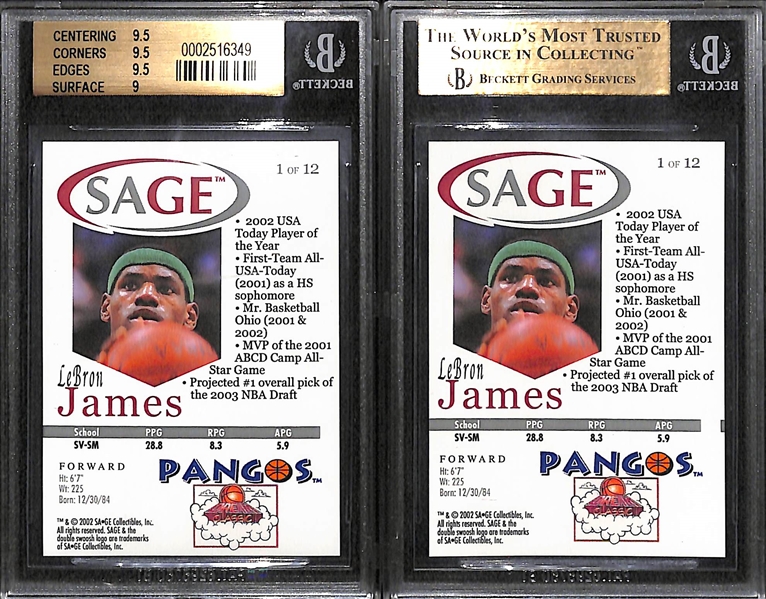 (2) 2002 BGS 9.5 LeBron James Sage Pangos #1 Rookies - One Base & One Gold!