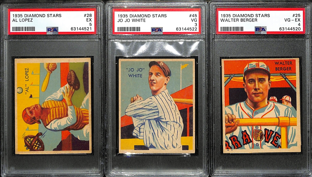 (3) Graded 1935 Diamond Stars Cards - Al Lopez PSA 5, Jo Jo White PSA 3, Walter Berger PSA 4