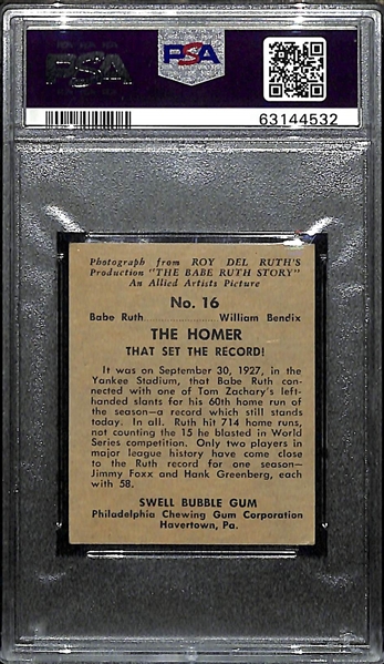 1948 Swell Babe Ruth Story #16 - The Homer That Set The Record - #60 Graded PSA 4 VG-EX