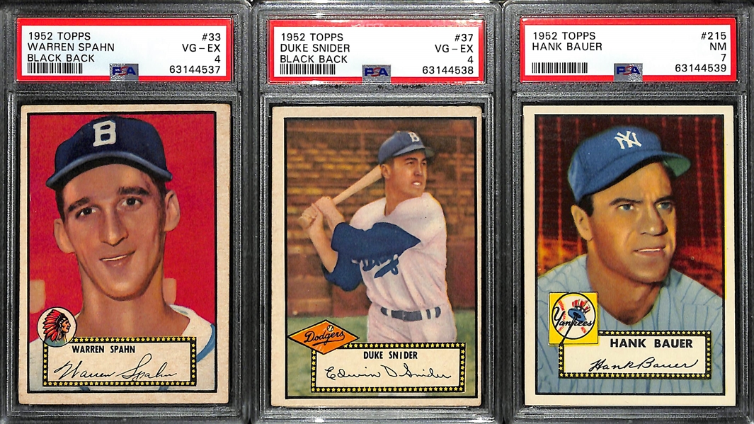 (3) 1952 Topps Graded Cards - Spahn PSA 4, Snider PSA 4, Bauer PSA 7