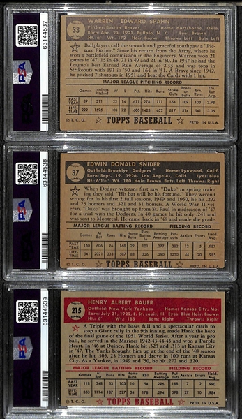 (3) 1952 Topps Graded Cards - Spahn PSA 4, Snider PSA 4, Bauer PSA 7