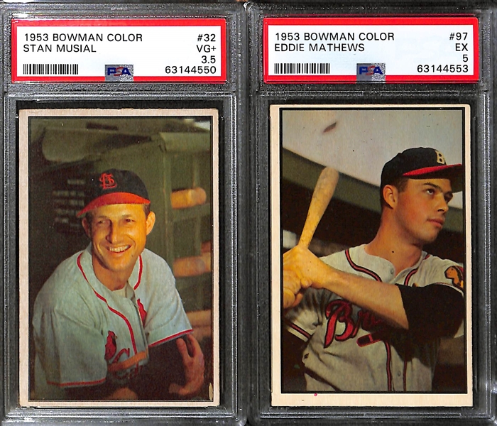 (2) 1953 Bowman Color Graded Cards - Stan Musial #32 PSA 3.5, Eddie Mathews #97 PSA 5