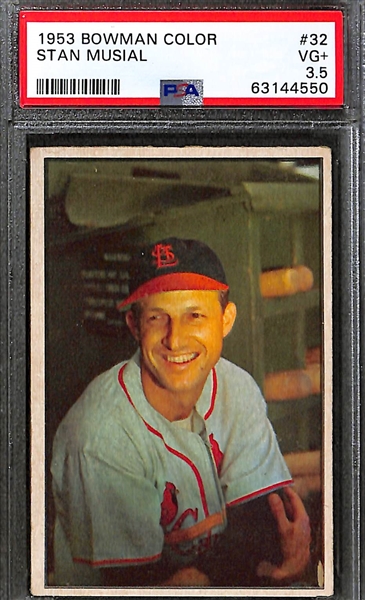 (2) 1953 Bowman Color Graded Cards - Stan Musial #32 PSA 3.5, Eddie Mathews #97 PSA 5