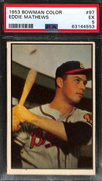 (2) 1953 Bowman Color Graded Cards - Stan Musial #32 PSA 3.5, Eddie Mathews #97 PSA 5