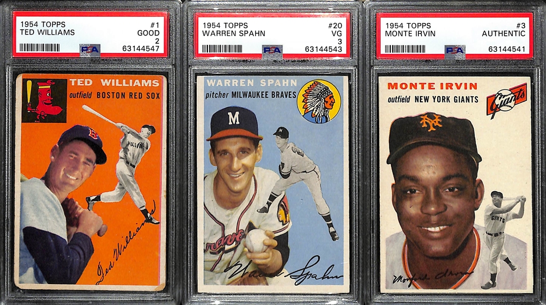 (3) 1954 Topps Graded Cards - Ted Williams #1 PSA 2, Spahn #20 PSA 3, Irvin #3 PSA Authentic