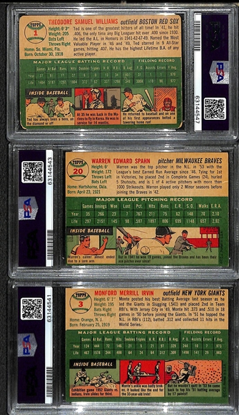 (3) 1954 Topps Graded Cards - Ted Williams #1 PSA 2, Spahn #20 PSA 3, Irvin #3 PSA Authentic