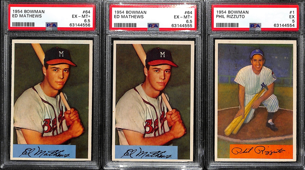 (3) 1954 Bowman Graded Cards - (2) Eddie Mathews #64 Cards - Both PSA 6.5, Phil Rizzuto PSA 5