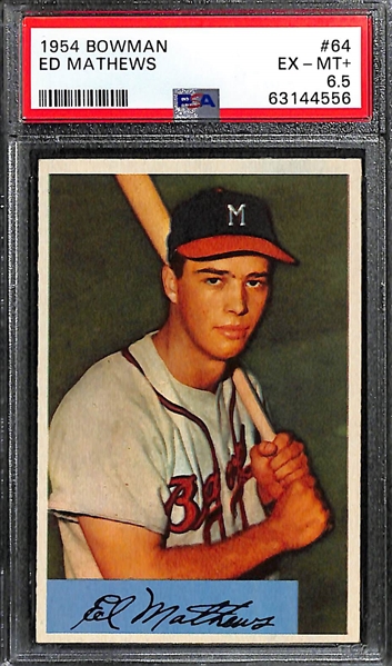 (3) 1954 Bowman Graded Cards - (2) Eddie Mathews #64 Cards - Both PSA 6.5, Phil Rizzuto PSA 5