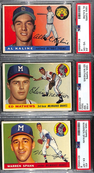 (3) 1955 Topps Graded Cards - Al Kaline #4 PSA 4, Eddie Mathews #155 PSA 7(OC), Warren Spahn #31 PSA 6