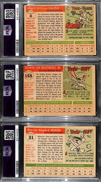 (3) 1955 Topps Graded Cards - Al Kaline #4 PSA 4, Eddie Mathews #155 PSA 7(OC), Warren Spahn #31 PSA 6