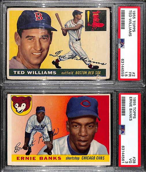 (2) 1955 Topps Graded Cards - Ted Williams #2 PSA 1.5, Ernie Banks #28 PSA 3