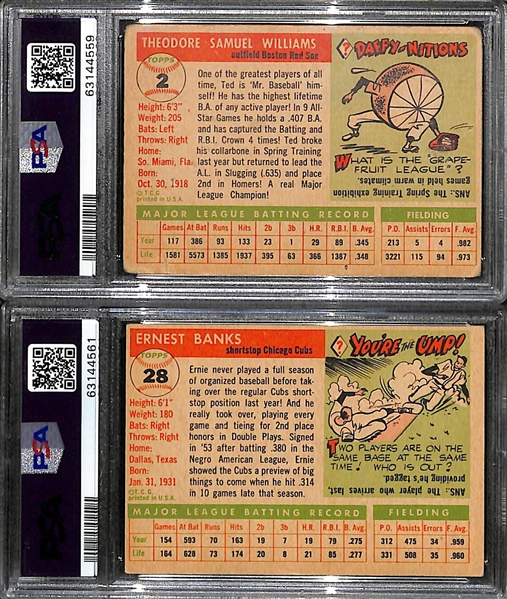 (2) 1955 Topps Graded Cards - Ted Williams #2 PSA 1.5, Ernie Banks #28 PSA 3