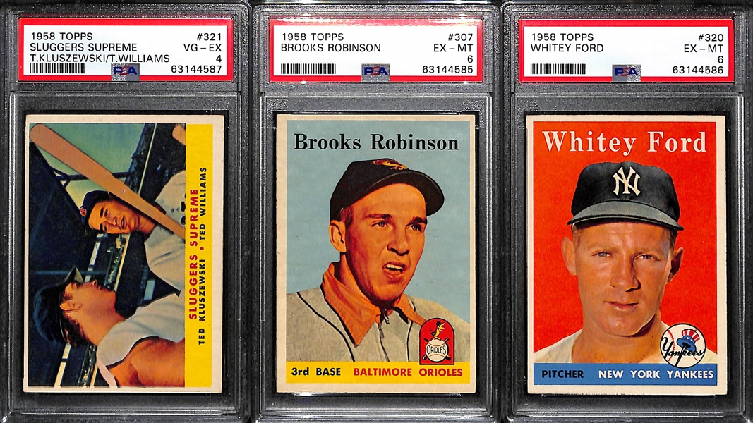 (3) 1958 Topps Graded Cards - Ted Williams Sluggers Supreme #321 PSA 4,  Brooks Robinson #307 PSA 6, Whitey Ford #320 PSA 6