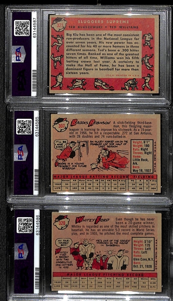 (3) 1958 Topps Graded Cards - Ted Williams Sluggers Supreme #321 PSA 4,  Brooks Robinson #307 PSA 6, Whitey Ford #320 PSA 6