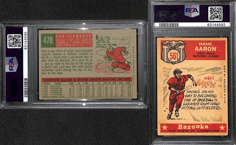 (2) 1958 Topps Graded Cards - Bob Clemente #478 PSA 4,  Hank Aaron All Star #561 PSA 3