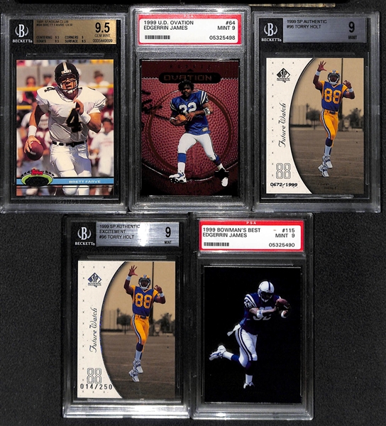 (5) Graded Football Rookies w. Brett Favre 1991 Stadium Club BGS 9.5, (2) 1999 SP Authentic Torry Holt Rookies (One to /250) & Two Edgerrin James