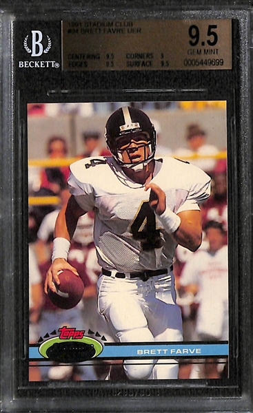 (5) Graded Football Rookies w. Brett Favre 1991 Stadium Club BGS 9.5, (2) 1999 SP Authentic Torry Holt Rookies (One to /250) & Two Edgerrin James