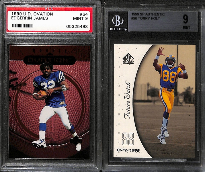 (5) Graded Football Rookies w. Brett Favre 1991 Stadium Club BGS 9.5, (2) 1999 SP Authentic Torry Holt Rookies (One to /250) & Two Edgerrin James