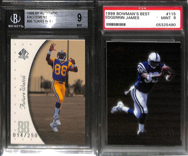 (5) Graded Football Rookies w. Brett Favre 1991 Stadium Club BGS 9.5, (2) 1999 SP Authentic Torry Holt Rookies (One to /250) & Two Edgerrin James