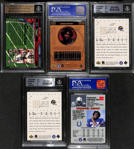 (5) Graded Football Rookies w. Brett Favre 1991 Stadium Club BGS 9.5, (2) 1999 SP Authentic Torry Holt Rookies (One to /250) & Two Edgerrin James