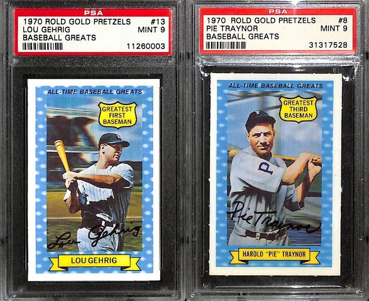 Lot of (6) Mostly PSA Graded 1970s Rold Gold Pretzels Baseball Greats w.  Wagner, Young, Traynor, Gehrig, and Cobb 