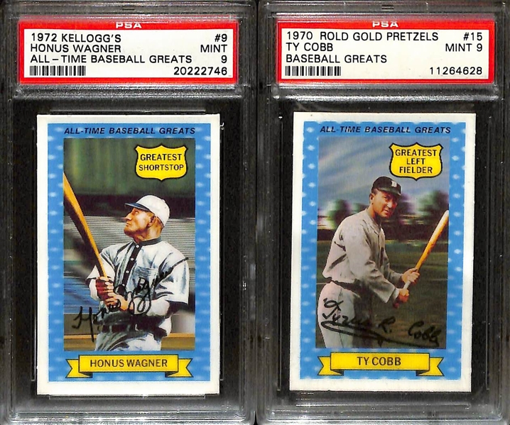 Lot of (6) Mostly PSA Graded 1970s Rold Gold Pretzels Baseball Greats w.  Wagner, Young, Traynor, Gehrig, and Cobb 