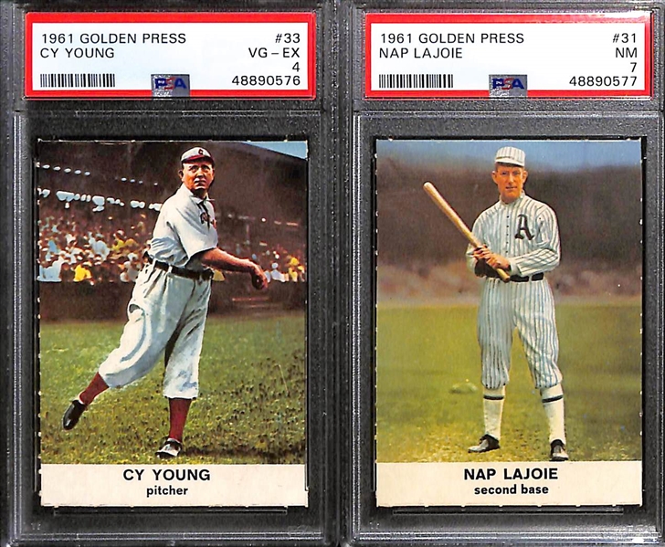 Lot of (20) Mostly 1961 Golden Press Baseball w. Cy Young PSA 4, Joe DiMaggio PSA 6, Feat. 1959 Fleer Ted Williams PSA 4
