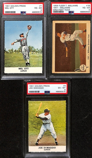 Lot of (20) Mostly 1961 Golden Press Baseball w. Cy Young PSA 4, Joe DiMaggio PSA 6, Feat. 1959 Fleer Ted Williams PSA 4