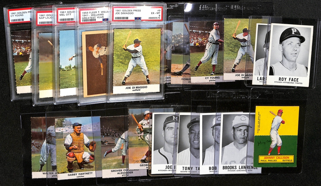 Lot of (20) Mostly 1961 Golden Press Baseball w. Cy Young PSA 4, Joe DiMaggio PSA 6, Feat. 1959 Fleer Ted Williams PSA 4