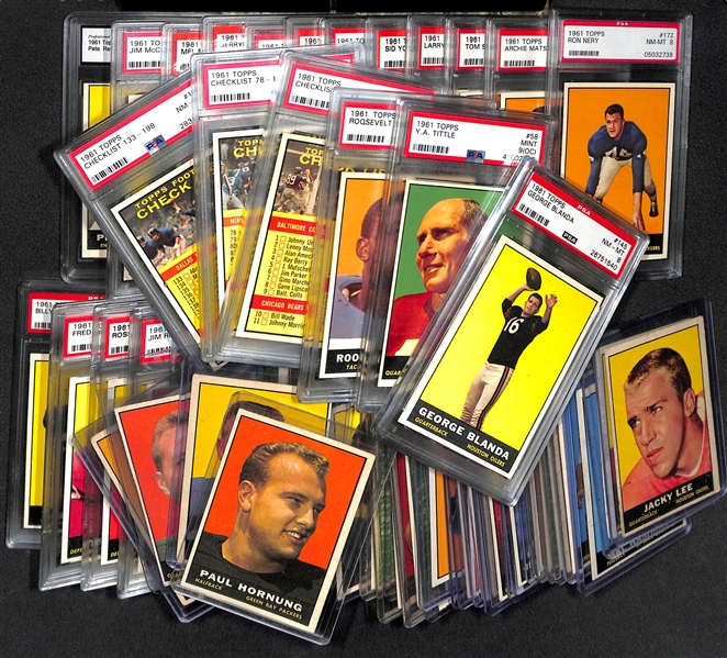 Lot of (60+) 1961 Topps Football w. (20+) PSA Graded Cards Feat. Unitas, Starr, Hornung, Tittle, Blanda and Others 