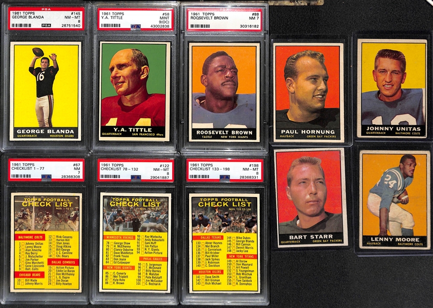 Lot of (60+) 1961 Topps Football w. (20+) PSA Graded Cards Feat. Unitas, Starr, Hornung, Tittle, Blanda and Others 