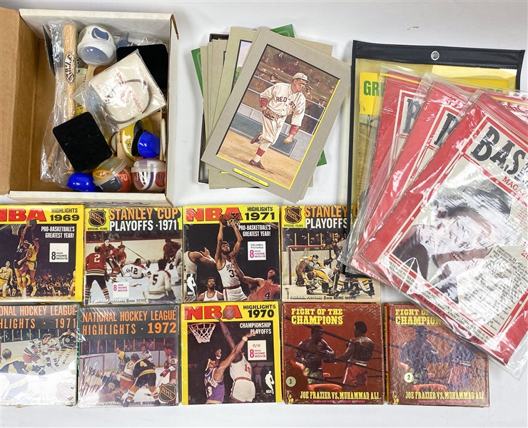 Huge Lot of Vintage Mixed Sports w. Pins, Magazines, Baseball Hall of Fame Greatest Moments, 8mm Movies w. Autographs (JSA Auction Letter)