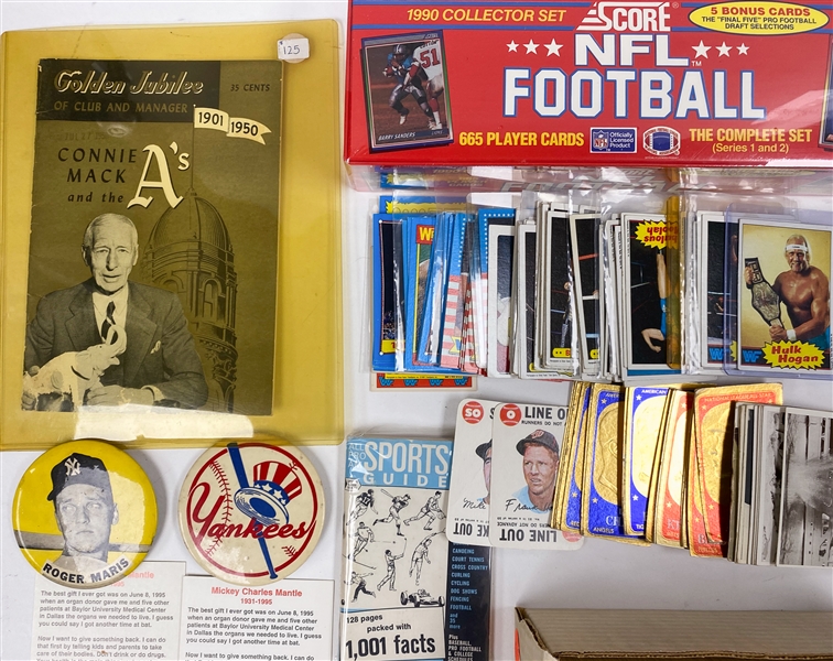 Mixed Sports Lot w. 1950s and 60s Baseball feat Mays and Berra, Mickey Mantle Post Card, 1990 Score and Fleer Football Complete Sets, 1985 Hulk Hogan Rookie and More